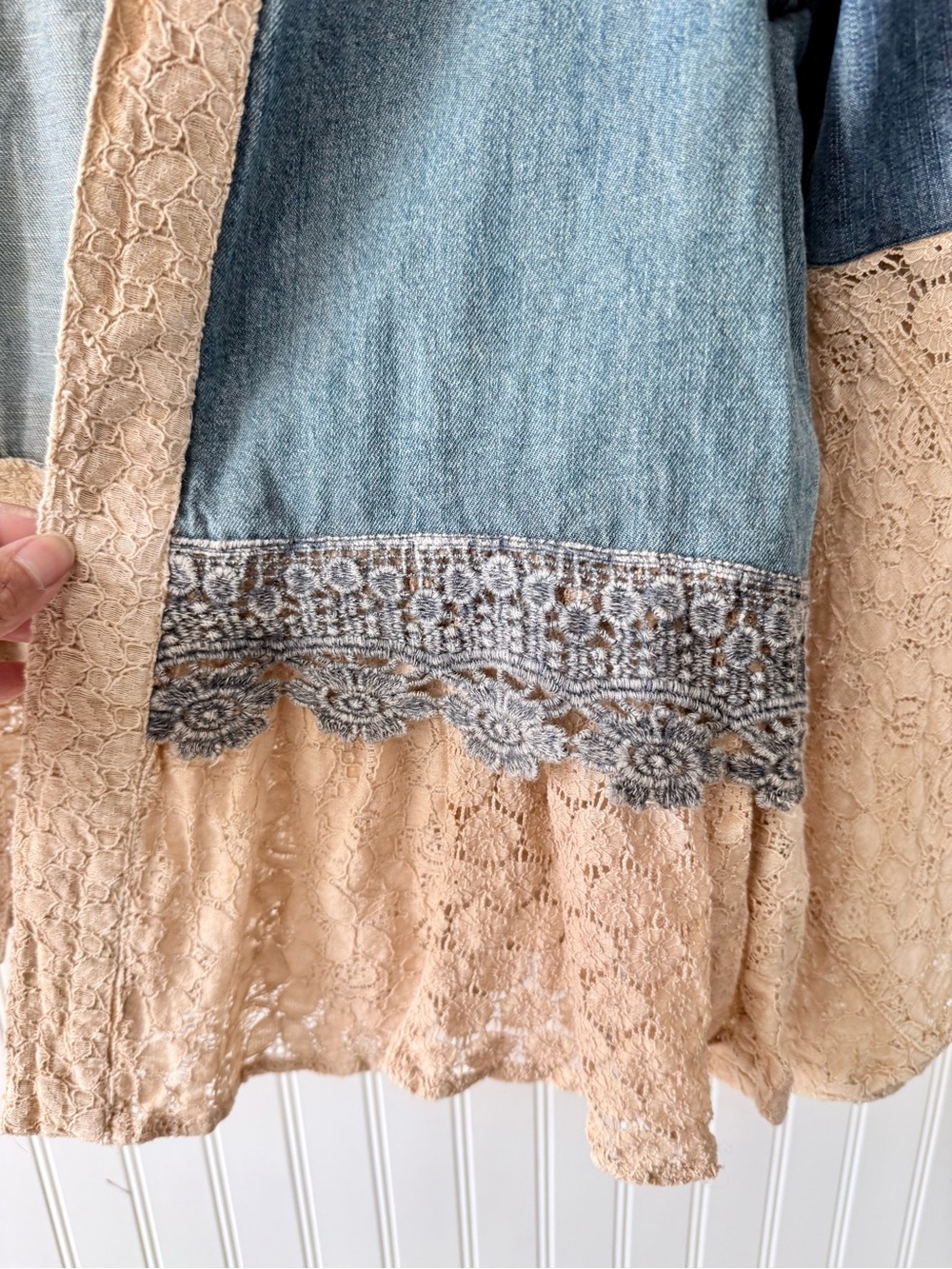 Frayed Lace-Trim Denim Jacket - Blue and Cream - Picture 7 of 10
